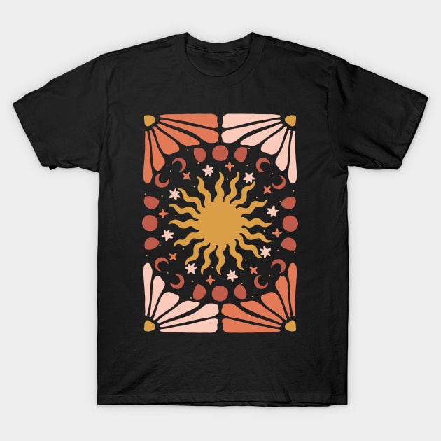 Celestial Sun and Moon Terracotta T-Shirt by JunkyDotCom